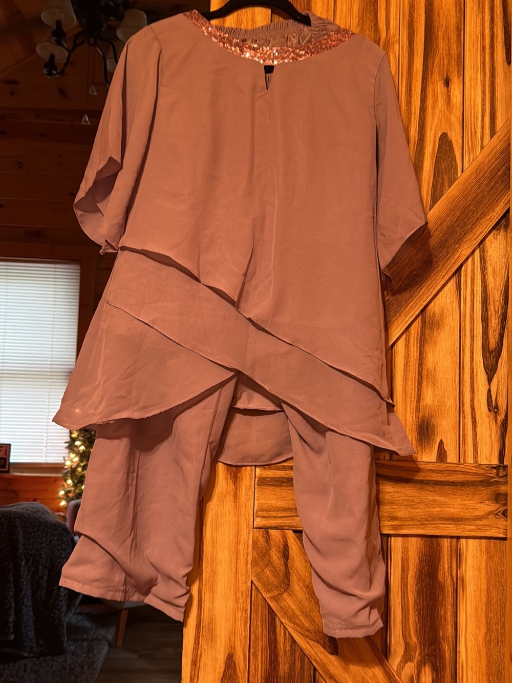 Mauve Layered Tunic and Pants Set with Sequin Neckline